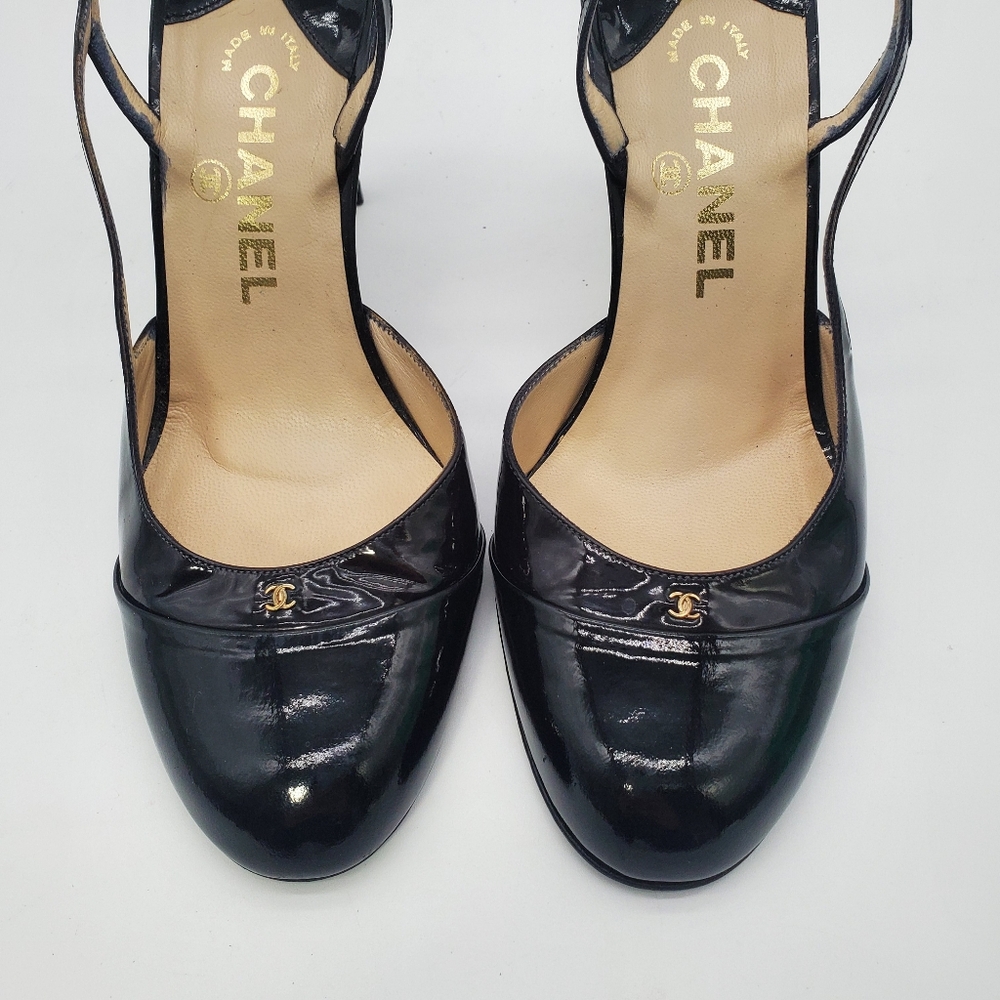 CHANEL CC logo Black Patent Leather  Heels 36.5